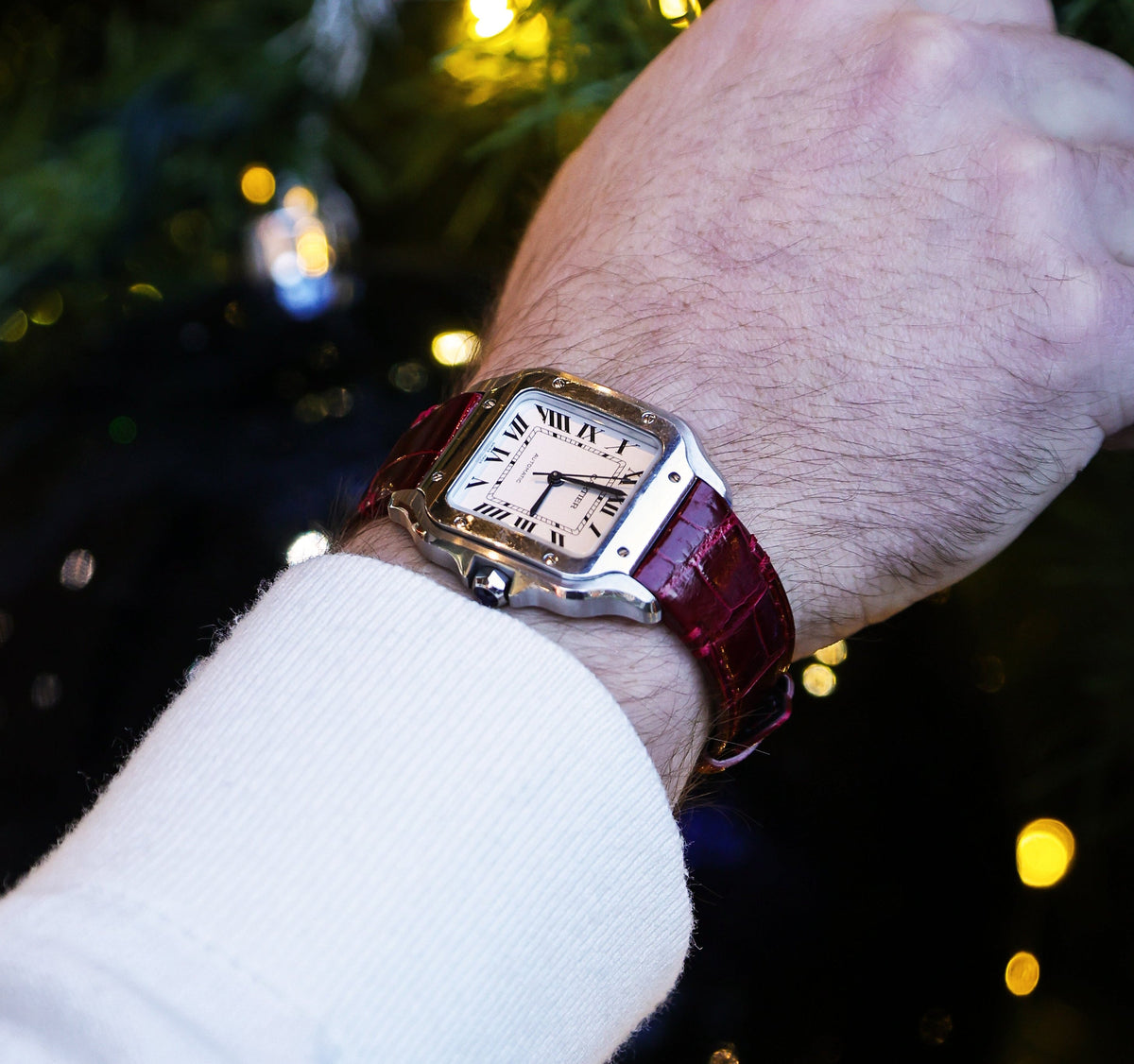 Bordeaux Red Crocodile Leather Watch Strap For Cartier Santos