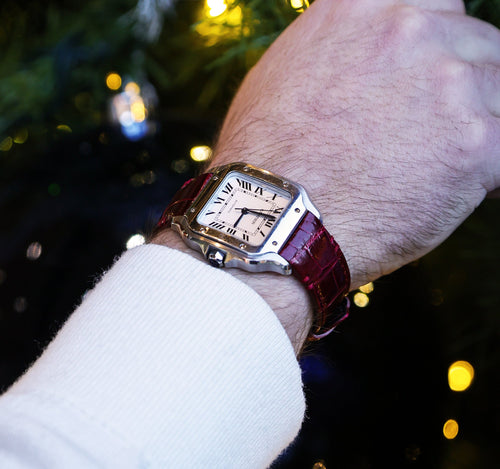 Bordeaux Red Crocodile Leather Watch Strap For Cartier Santos
