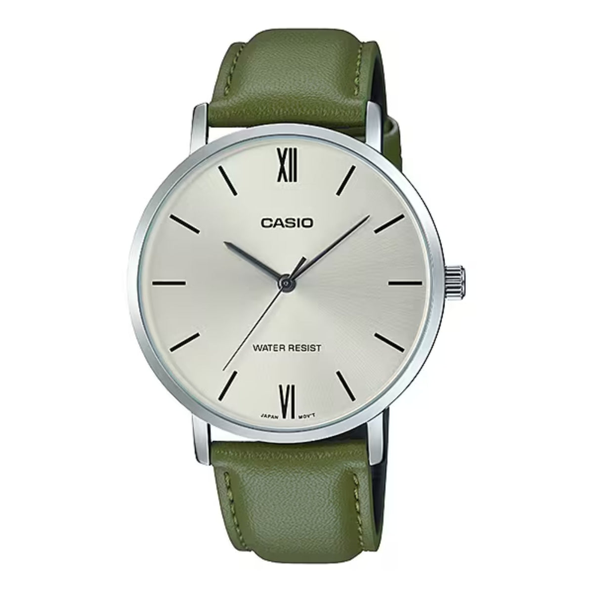 Casio MenÕs Silver Dial Watch with Green Leather Strap - MTP-VT01L-3BUDF
